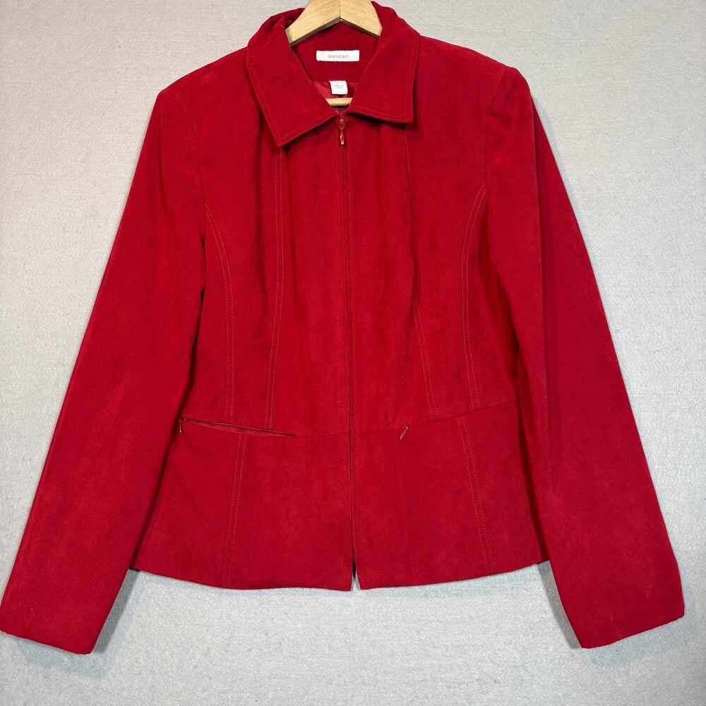 Dressbarn Red Faux Suede Zip Jacket L Classic Minimalist Career Retro Power